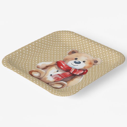 水の色の冬のテディベア水玉模様 ペーパープレート (傾斜あり)