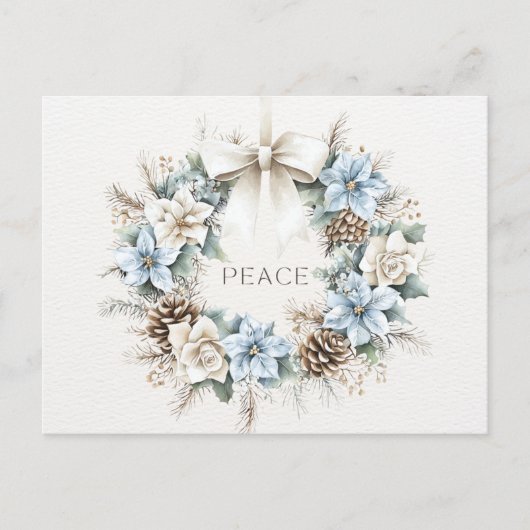 水の色の冬のフローラクリスマスリース平和 シーズンポストカード (正面)