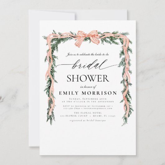 水の色の冬のレッドボウクリスマスブライダルシャワー 招待状 (正面)