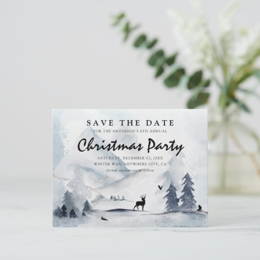 水の色の冬の山のクリスマス日付を保存 インビテーションポストカード (スタンド正面)