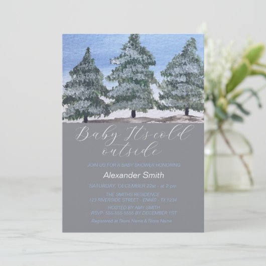 水の色の冬の木の森の男の子ベイビーシャワー 招待状 (スタンド正面)