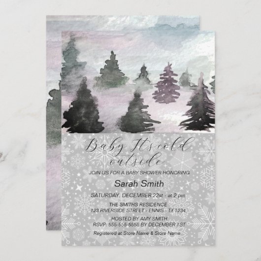 水の色の冬の木の森の赤ちゃんシャワー シーズンカード (正面/裏面)