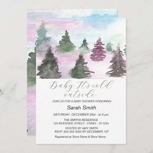 水の色の冬の木の森の赤ちゃんシャワー シーズンカード (正面/裏面)