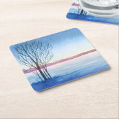 水の色の冬の木の湖凍ってい再利用可能 スクエアペーパーコースター (アングル)