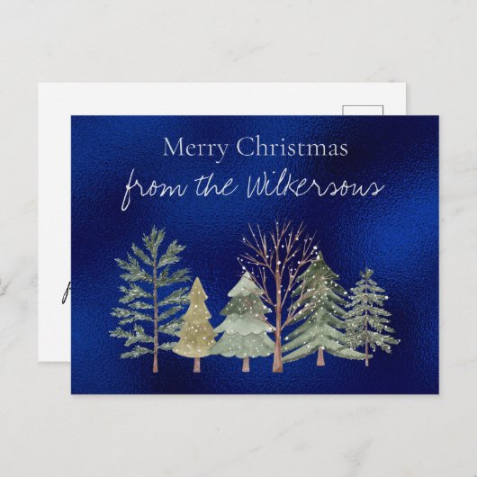 水の色の冬の森の夜のシンプル木 ポストカード (正面/裏面)