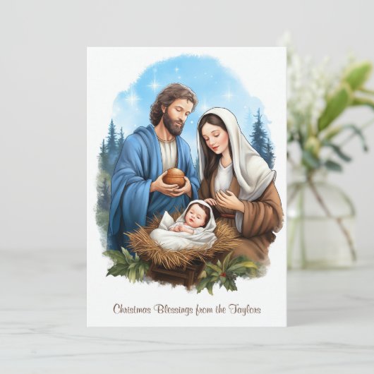 水の色の出生シーン宗教クリスマス シーズンカード (スタンド正面)