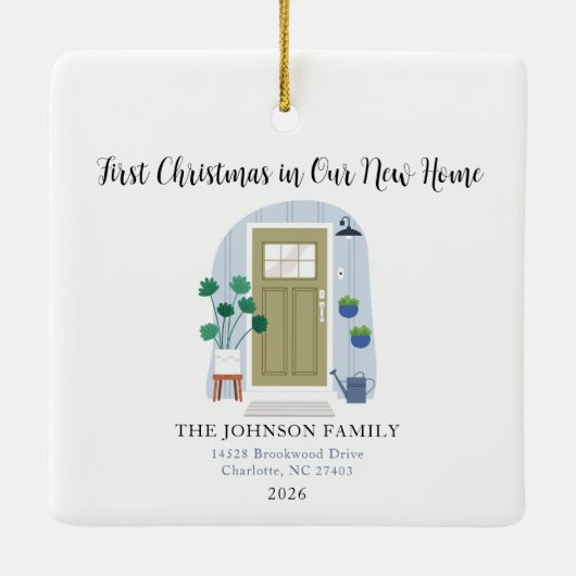水の色の初めてのクリスマスを私たちの新しい家 セラミックオーナメント (裏面)