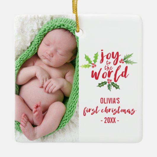 水の色の喜びを世界にベビーの初めてのクリスマス セラミックオーナメント (正面)