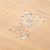 水の色の城、花、金ゴールド星ベビーシャワー アクリル招待状 (レイダウン)