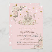 水の色の城、花、金ゴールド星ベビーシャワー 招待状 (正面/裏面)