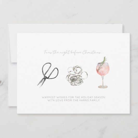 水の色の夜のクリスマスプレゼントのラップ&ワイン シーズンカード (正面)