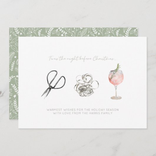 水の色の夜のクリスマスプレゼントのラップ&ワイン シーズンカード (正面/裏面)