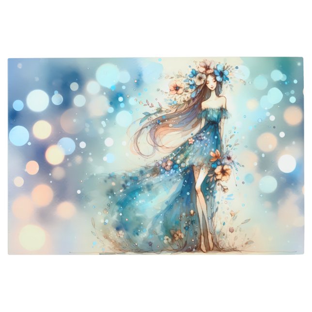 水の色の夢の中のエーテルのファンタジー女神 メタルプリント (正面)