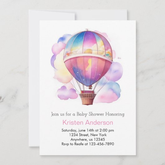 水の色の夢ホットエアバルーン女の子ベビーシャワー 招待状 (正面)
