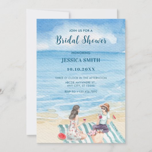水の色の女の子のバイビングでビーチブライダルシャワー 招待状 (正面)
