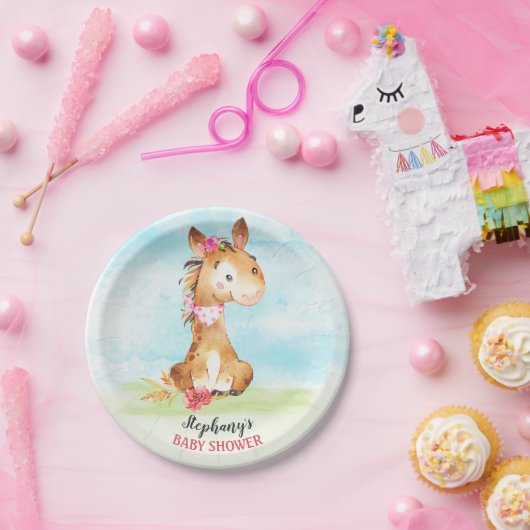 水の色の女の子の馬の赤ちゃんシャワーファーム ペーパープレート (パーティー)
