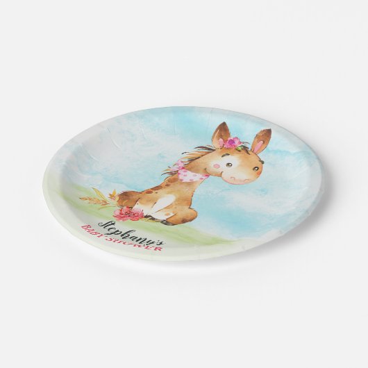 水の色の女の子の馬の赤ちゃんシャワーファーム ペーパープレート (アングル)