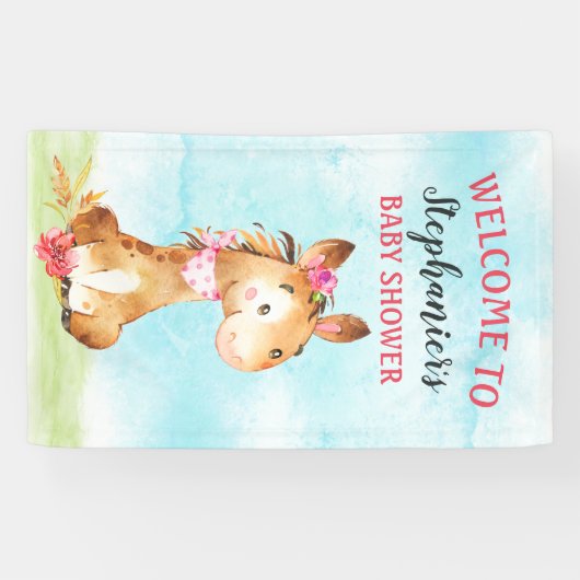 水の色の女の子の馬の赤ちゃんシャワーファーム 横断幕 (横)