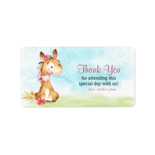 水の色の女の子の馬の赤ちゃんシャワー農場ありがとう ラベル (正面)