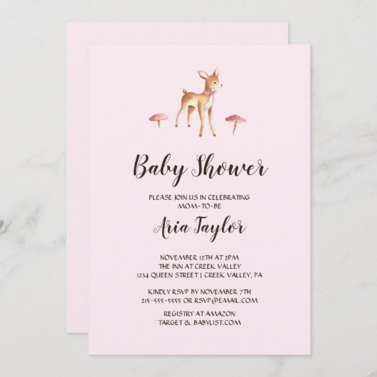 水の色の女の子の鹿とキノコの赤ちゃんシャワー 招待状 (正面/裏面)