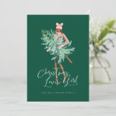 水の色の女の子を保持する常緑クリスマスツリー シーズンカード (スタンド正面)