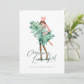 水の色の女の子を保持する常緑クリスマスツリー シーズンカード (スタンド正面)