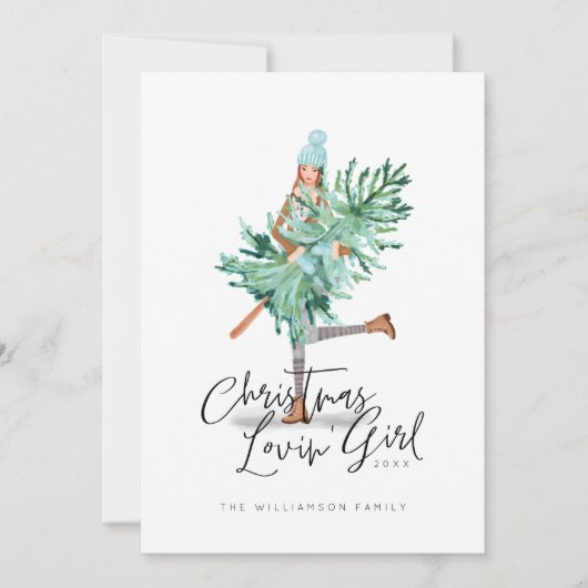 水の色の女の子を保持する常緑クリスマスツリー シーズンカード (正面)