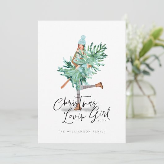 水の色の女の子を保持する常緑クリスマスツリー シーズンカード (スタンド正面)
