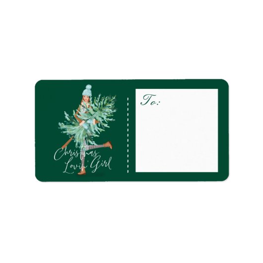 水の色の女の子を保持する常緑クリスマスツリー ラベル (正面)