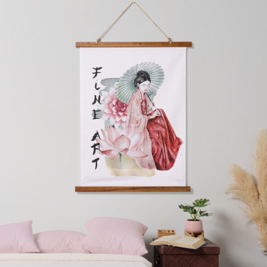 水の色の女日本の傘ロータスファインアート 吊り下げ型タペストリー (寝室)