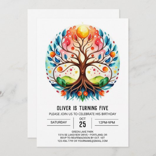 水の色の子供の木の生活の誕生日 招待状 (正面/裏面)