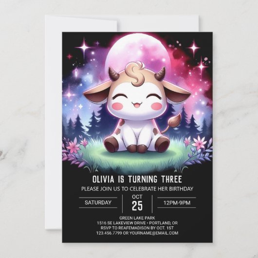 水の色の子供の牛誕生日 招待状 (正面)