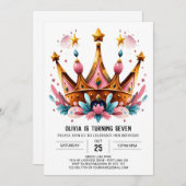 水の色の子供プリンセスクラウン誕生日 招待状 (正面/裏面)