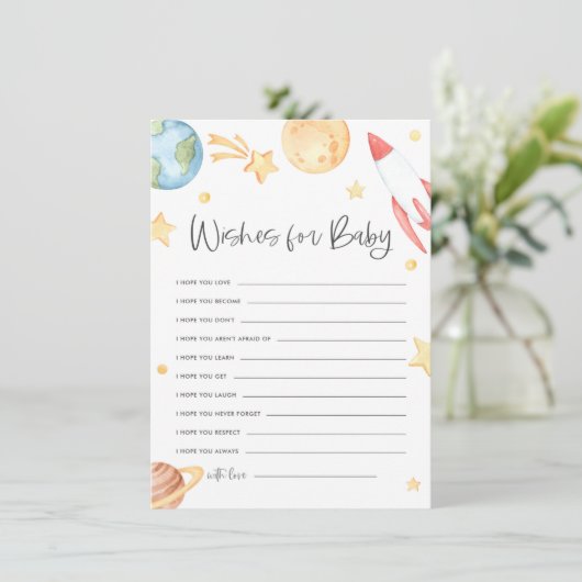 水の色の宇宙テーマ赤ちゃんシャワーの願いベビー エンクロージャーカード (スタンド正面)