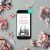 水の色の家の松の木の雪の冬の赤ちゃんシャワー 招待状