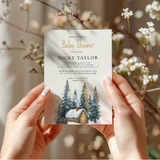 水の色の家の松の木の雪の冬の赤ちゃんシャワー 招待状
