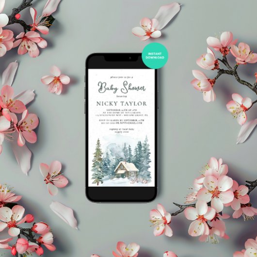 水の色の家の松の木の雪の冬の赤ちゃんシャワー 招待状