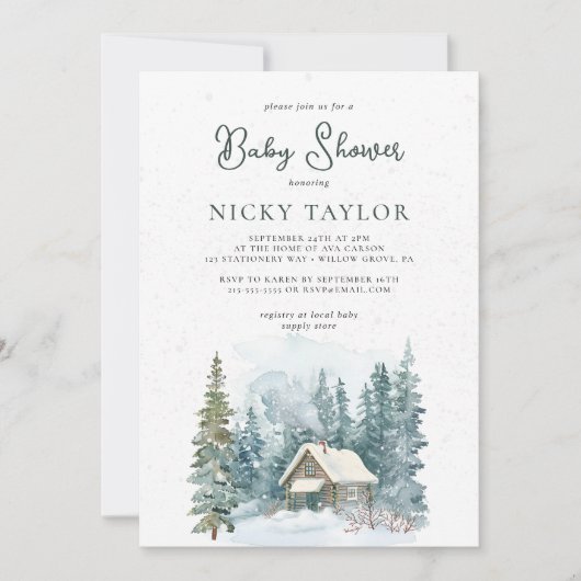 水の色の家の松の木の雪の冬の赤ちゃんシャワー 招待状 (正面)