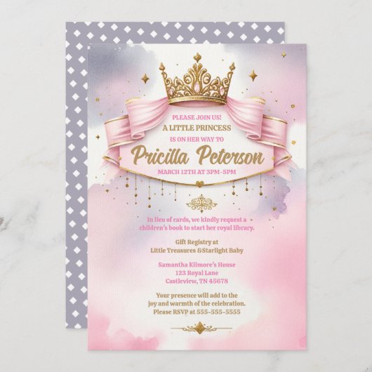 水の色の小さなプリンセスベビーシャワーパーティー 招待状 (正面/裏面)