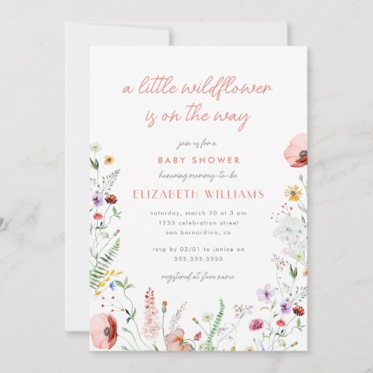 水の色の小さなワイルドフラワーガール赤ちゃんシャワー 招待状 (正面)