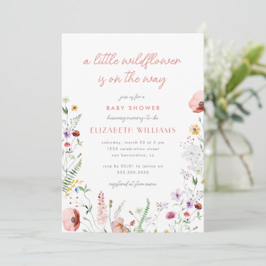 水の色の小さなワイルドフラワーガール赤ちゃんシャワー 招待状 (スタンド正面)