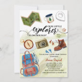 水の色の小さな探検家アドベンチャーベイビーシャワー 招待状 (正面)