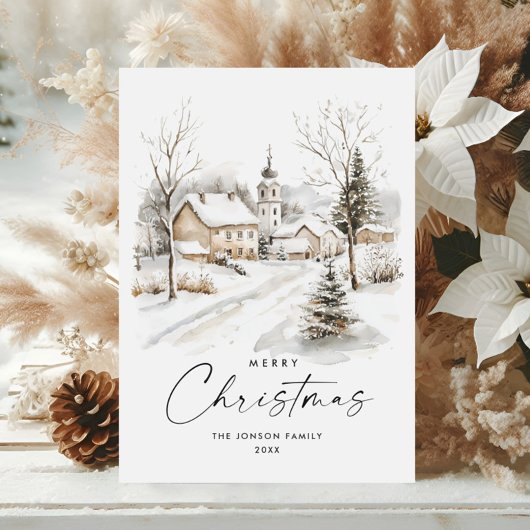 水の色の居心地の良い冬のカントリークリスマス シーズンカード