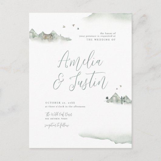水の色の山々屋外の目的地の結婚式 インビテーションポストカード (正面)