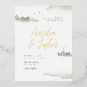 水の色の山々屋外の目的地の結婚式 箔招待状ポストカード (正面)