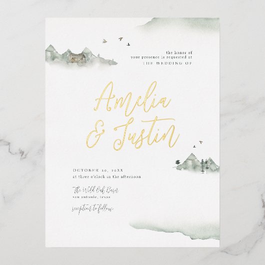 水の色の山々屋外の目的地の結婚式 箔招待状ポストカード (正面)