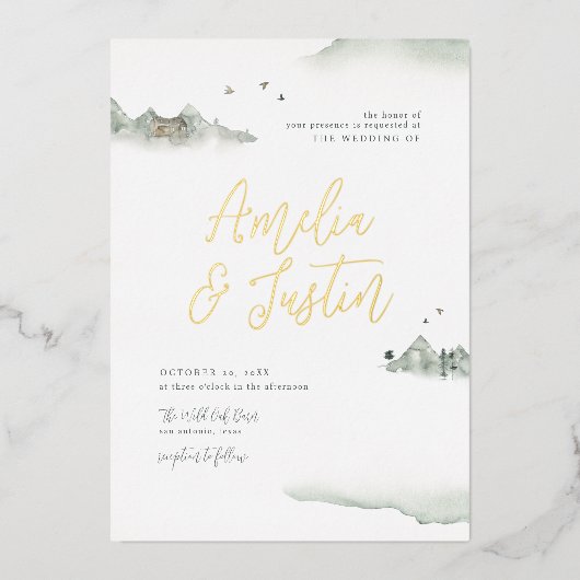 水の色の山々屋外の目的地の結婚式 箔招待状 (正面)