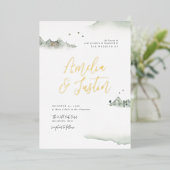 水の色の山々屋外の目的地の結婚式 箔招待状 (立ち正面)