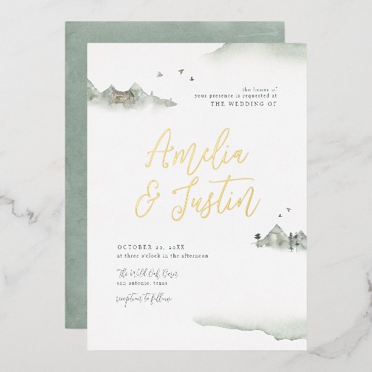 水の色の山々屋外の目的地の結婚式 箔招待状 (正面/裏面)