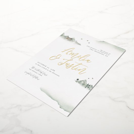 水の色の山々屋外の目的地の結婚式 箔招待状 (回転した状態)